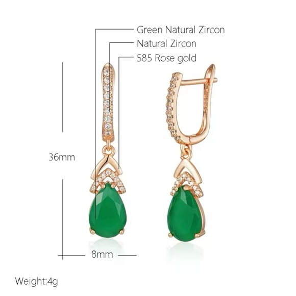 Luxury Elegant Emerald Drop Earrings For Women 585 Rose Gold Color Retro Green - Picture 3 of 6